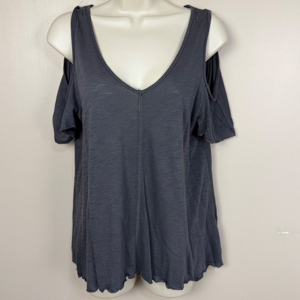 Charcoal Grey Cold Shoulder V-Neck Slub Knit Lettuce Edge Hem Top Medium